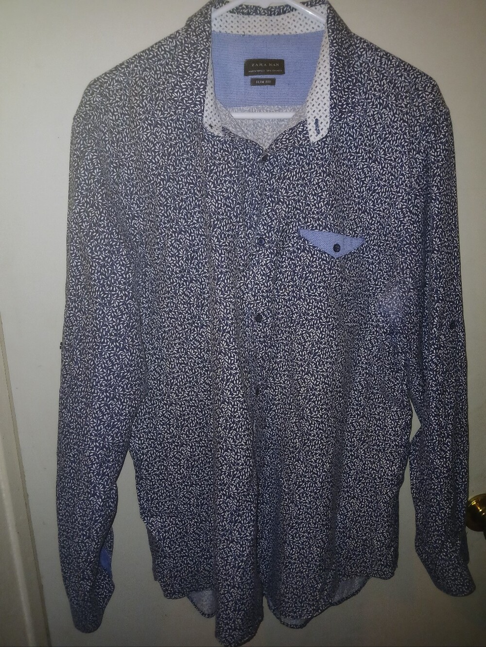 Zara Men Navy Blue Printed Long Sleeve Button-Down Shirt